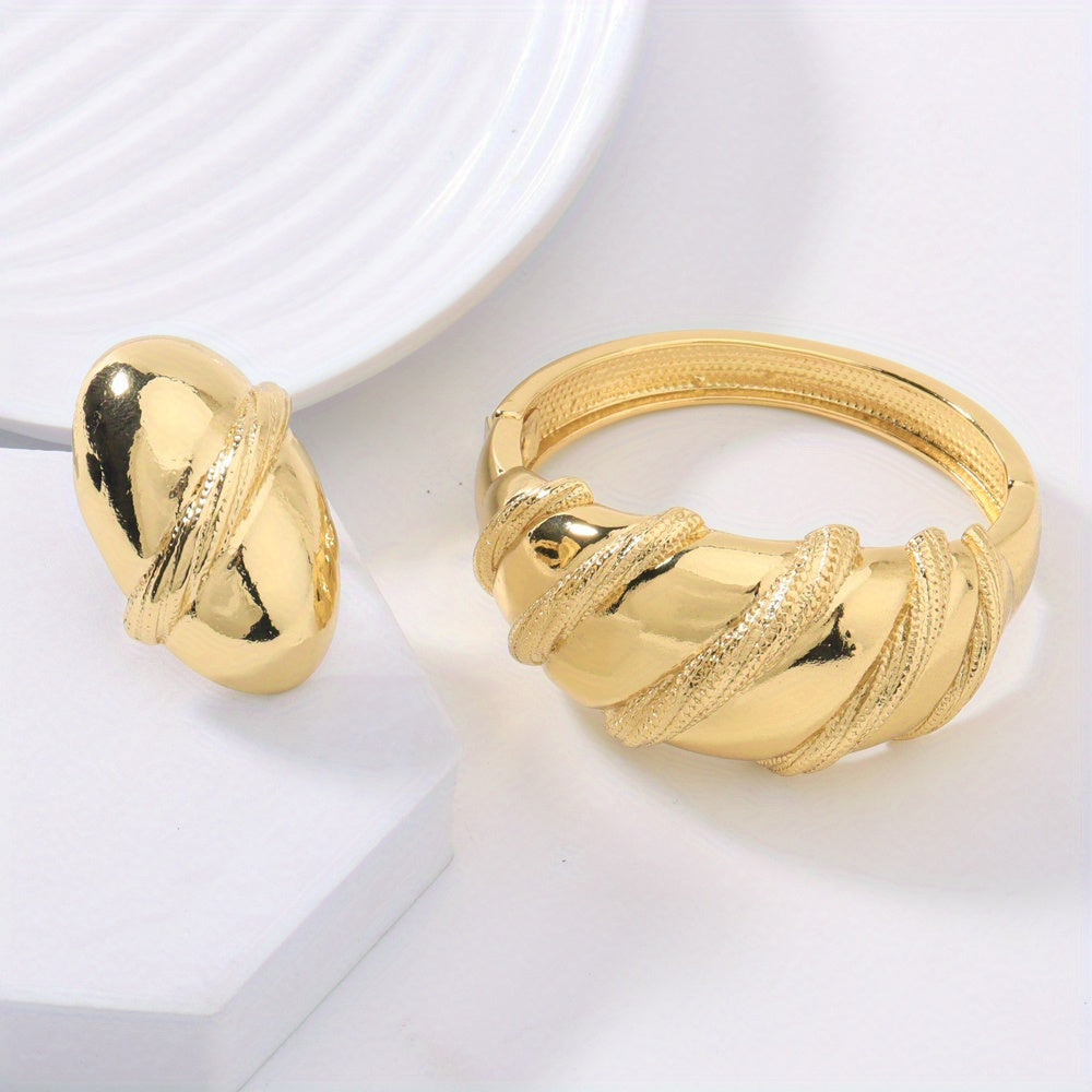 2pcs 24k Golden Plated Chunky Women's Copper Alloy Bracelet Ring Set, Perfect for Wedding Wear/Mother's Day/Valentine's Day/Gift Giving/Gift for Mother/Elegant/Middle Eastern Gift/African Congolese Fashion, Old Money Style