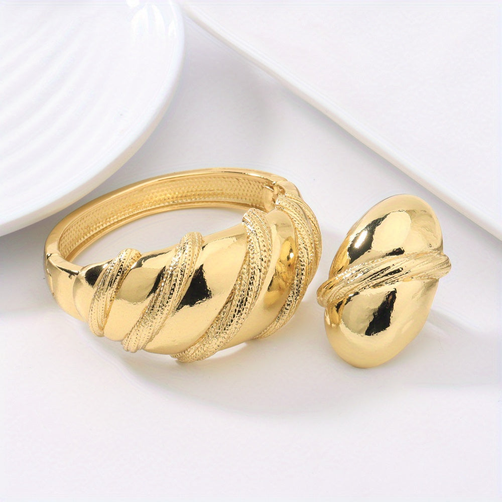 2pcs 24k Golden Plated Chunky Women's Copper Alloy Bracelet Ring Set, Perfect for Wedding Wear/Mother's Day/Valentine's Day/Gift Giving/Gift for Mother/Elegant/Middle Eastern Gift/African Congolese Fashion, Old Money Style