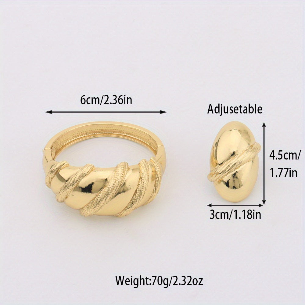 2pcs 24k Golden Plated Chunky Women's Copper Alloy Bracelet Ring Set, Perfect for Wedding Wear/Mother's Day/Valentine's Day/Gift Giving/Gift for Mother/Elegant/Middle Eastern Gift/African Congolese Fashion, Old Money Style