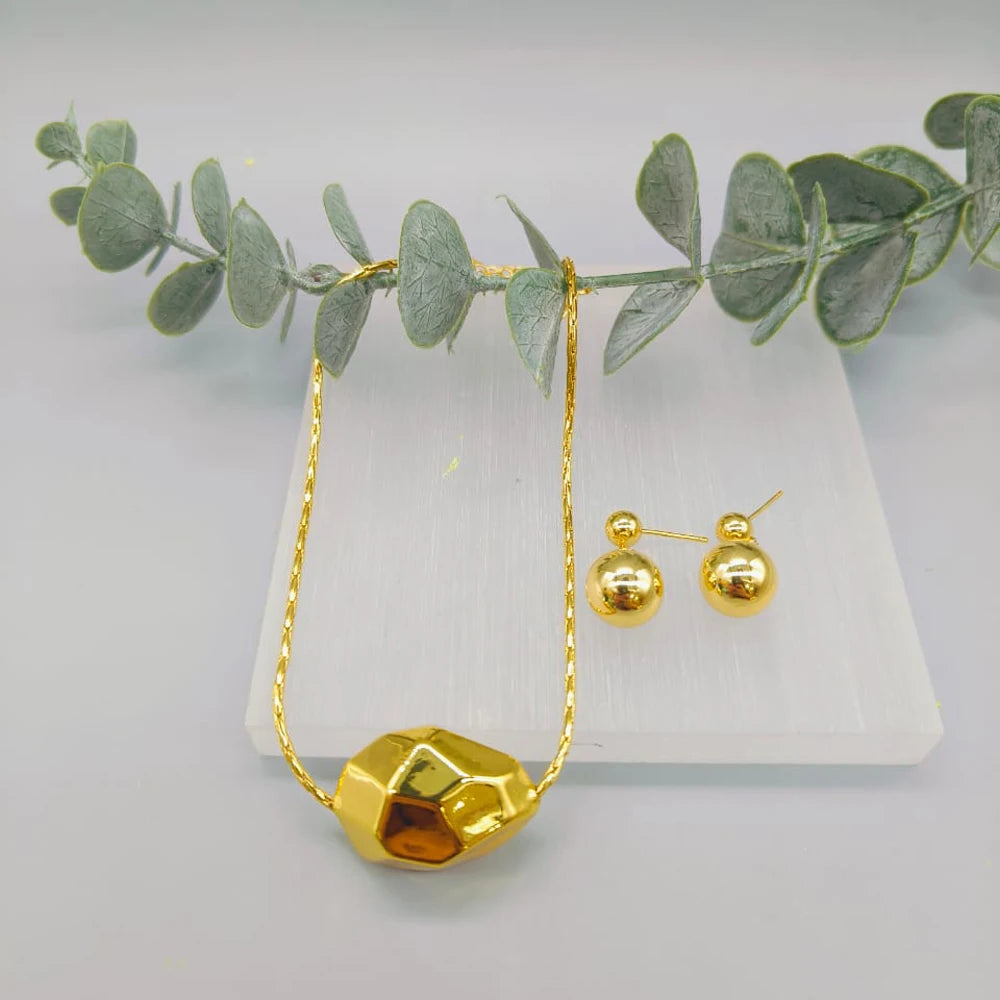Glossy Gold Plated Metal Round Shape Dangle Earrings Necklace Jewelry Set for Women Simple Dainty Daily Wear Outfit Accessories