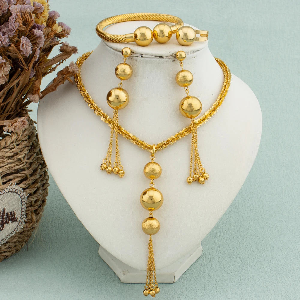 African Gold Color Jewelry Set for Women Glossy Multiple Small Bead Dubai Bridal Wedding Luxury Necklace Bracelet Earrings Ring