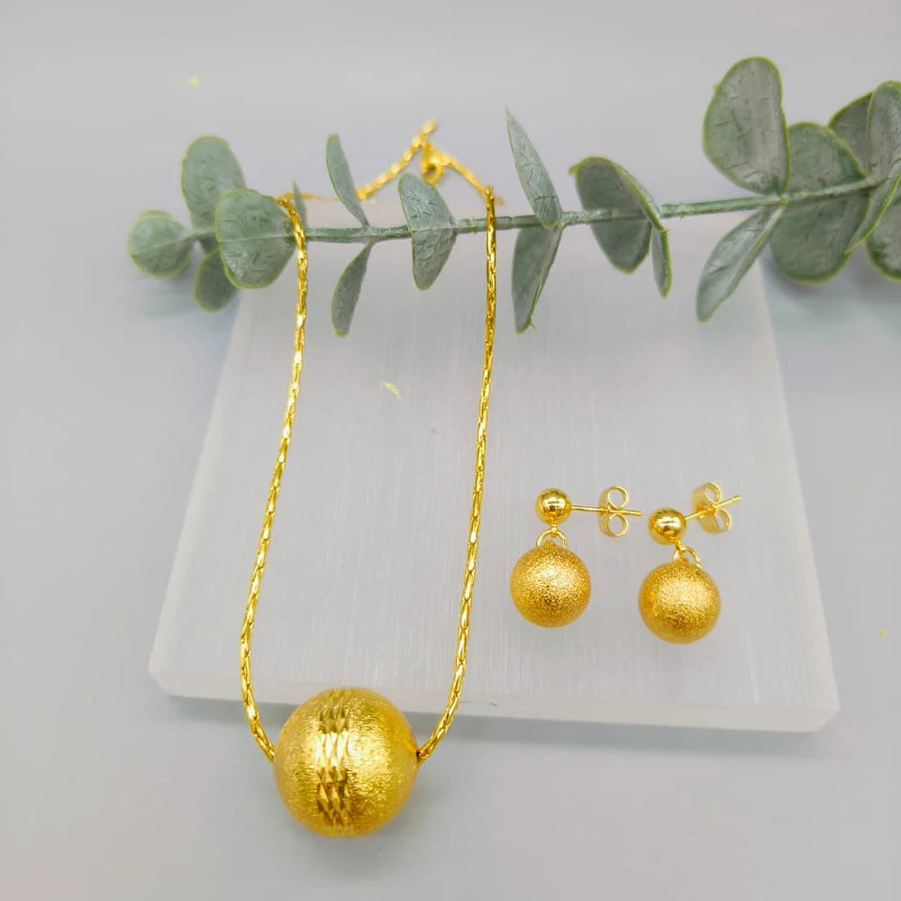 Glossy Gold Plated Metal Round Shape Dangle Earrings Necklace Jewelry Set for Women Simple Dainty Daily Wear Outfit Accessories