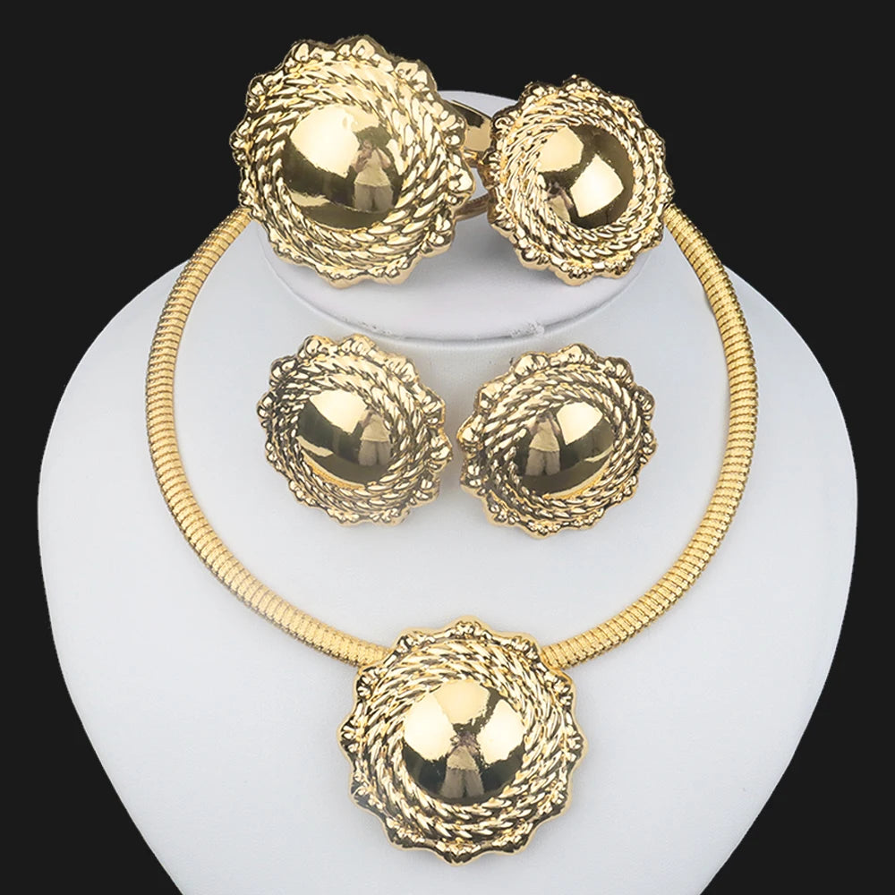 Italian Gold Plated Jewelry Sets Wedding Dubai Choker Necklace Bracelet Earring Ring Nigerian Bridal Set African Jewelery