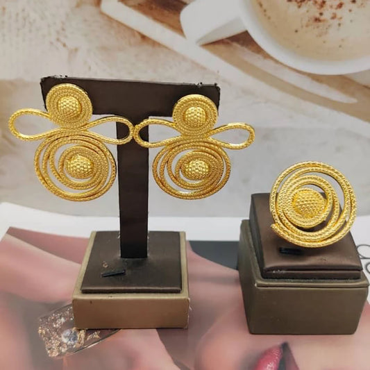 Gold Color Earrings Jewelry Set for Women African Bride 18k Gold Plated Copper Hollow Out Earrings Finger Ring Set for Weddings