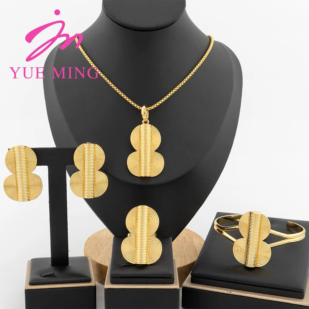 4pcs Jewelry Set for Women Dubai Gold Color African Map Pendant 40cm Necklace Clip Earrings Cuff Bangles Adjustable Ring Jewelry