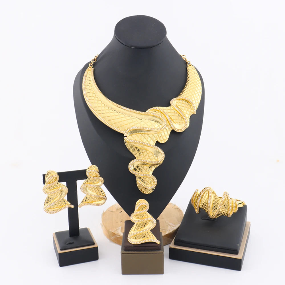 African Fashion Earrings Necklace Ring Bracelet Jewelry Set for Women Luxury Gold Color unique Design Italy Wedding Gift