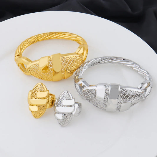 Dubai Gold Color Arab bracelets Rings 18K gold plated fashion unique design jewelry For Women Wedding Jewelry Gift