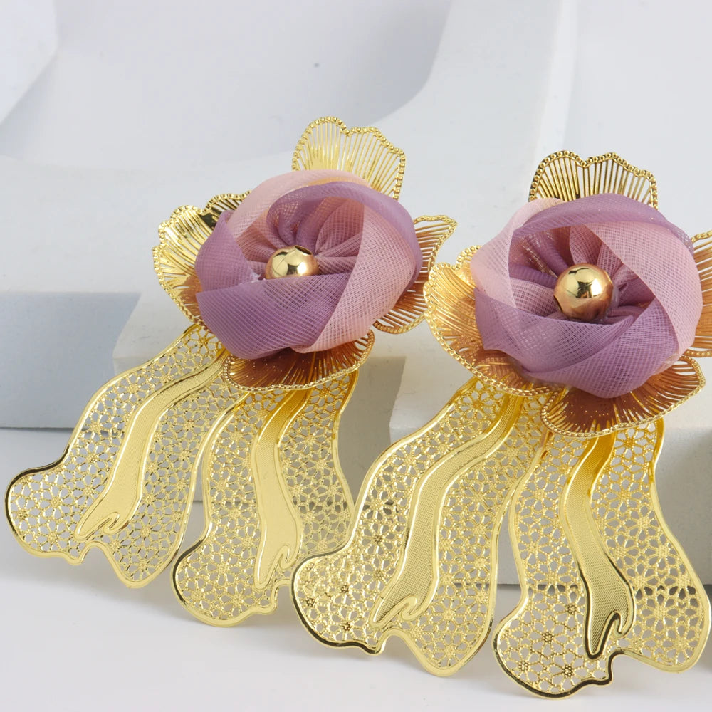 Dubai Gold Plated Women's Jewelry Set Big Flower Necklace Bracelet Ring Set Gold Color Luxury Necklace Earrings Jewelry Party