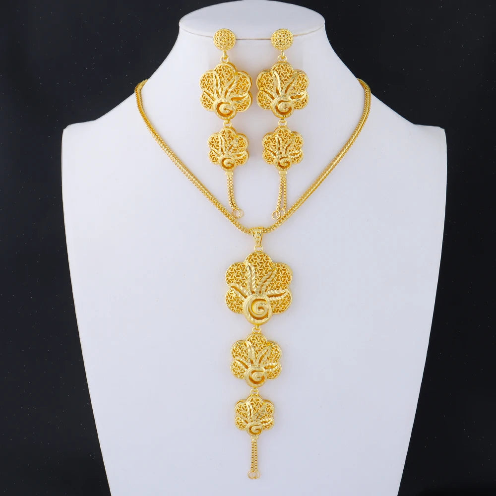Luxury Earrings Necklace Jewelry Sets For Women Indian Dubai Gold Color African Arabic Wedding Bridal Party Gifts Accessories