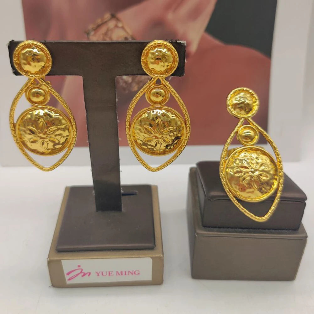 Gold Color Earrings Jewelry Set for Women African Bride 18k Gold Plated Copper Hollow Out Earrings Finger Ring Set for Weddings