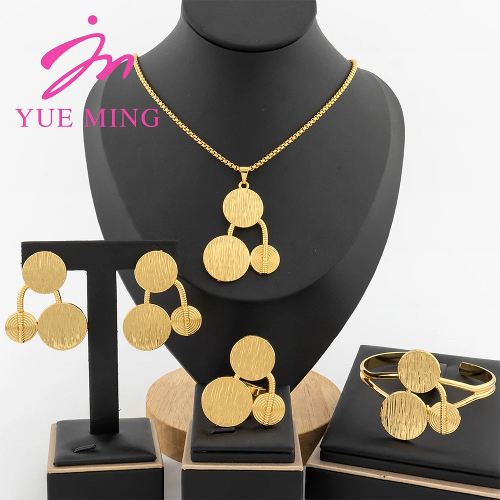 4pcs Jewelry Set for Women Dubai Gold Color African Map Pendant 40cm Necklace Clip Earrings Cuff Bangles Adjustable Ring Jewelry