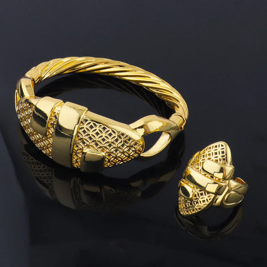 Women Charm Bracelet 18k Gold Color Bracelet Rings Jewelry For Women Wedding Jewelry African Party Gift Nigerian Jewellery