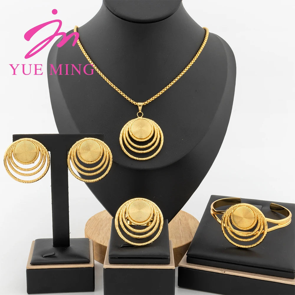 4pcs Jewelry Set for Women Dubai Gold Color African Map Pendant 40cm Necklace Clip Earrings Cuff Bangles Adjustable Ring Jewelry