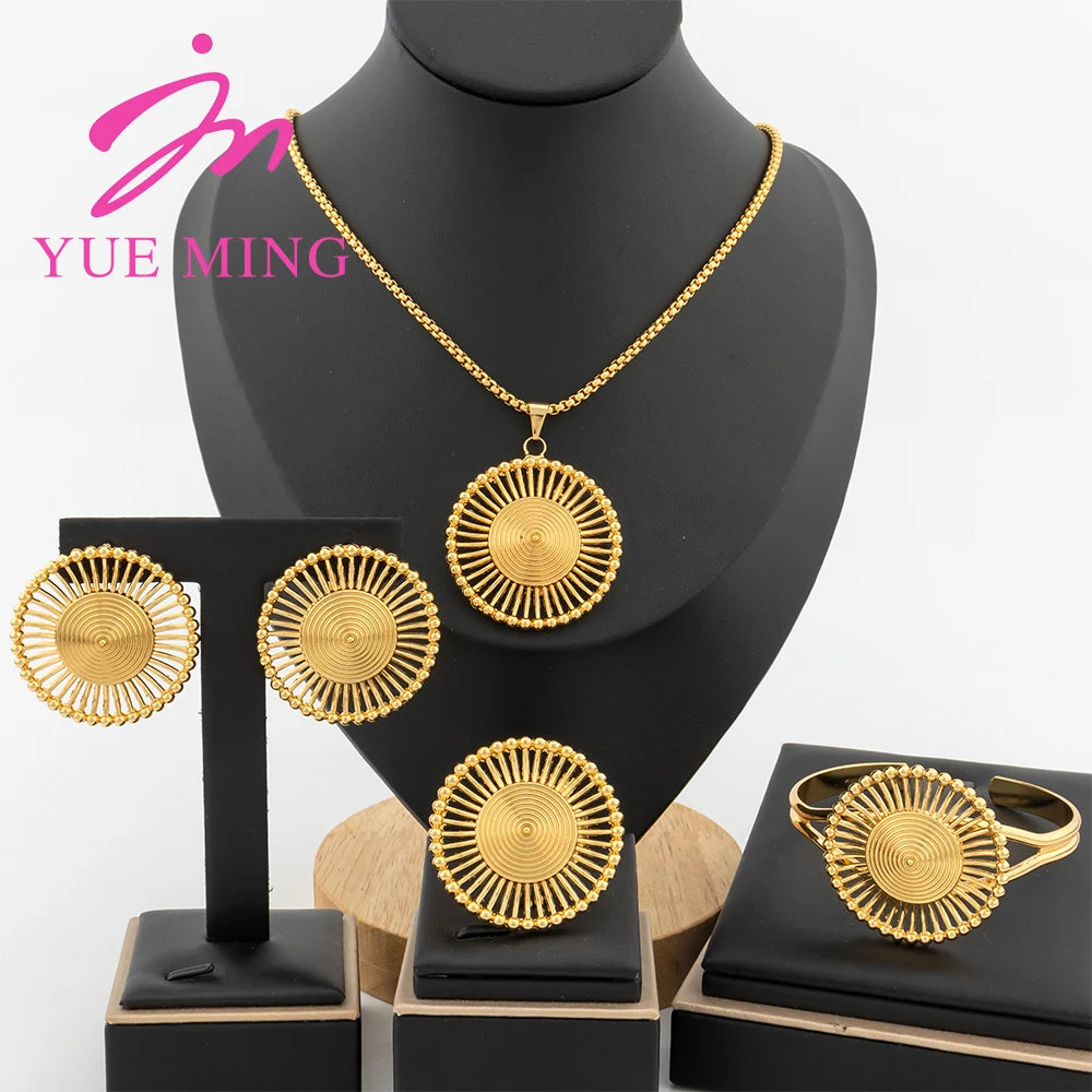 4pcs Jewelry Set for Women Dubai Gold Color African Map Pendant 40cm Necklace Clip Earrings Cuff Bangles Adjustable Ring Jewelry