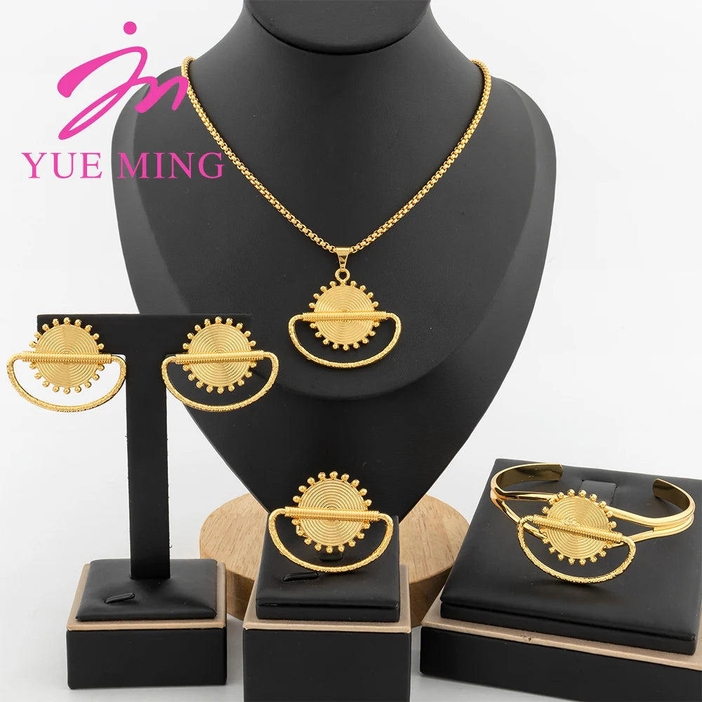 4pcs Jewelry Set for Women Dubai Gold Color African Map Pendant 40cm Necklace Clip Earrings Cuff Bangles Adjustable Ring Jewelry