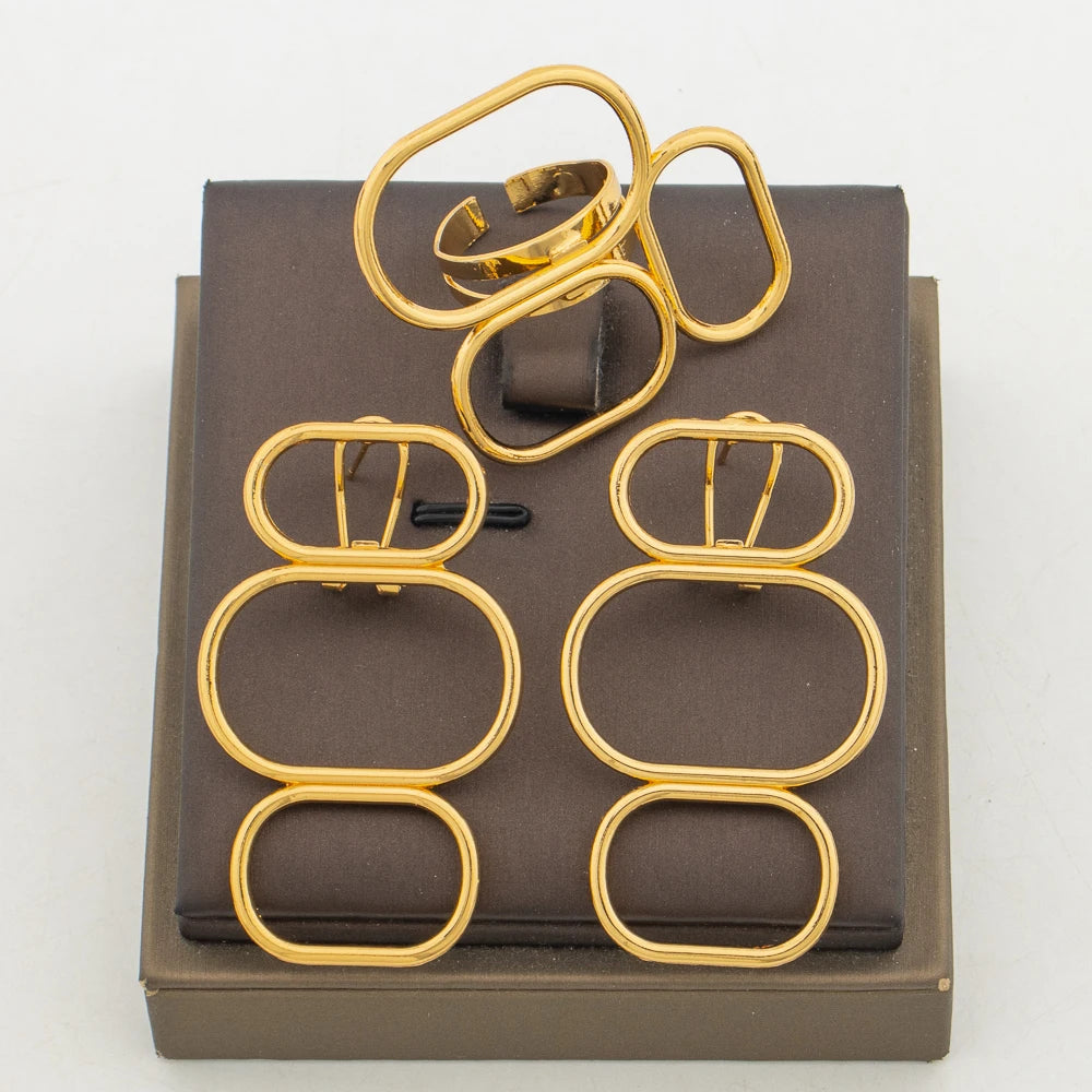Luxury 2pcs jewelry set Women African 18k Gold Color earrings ring Set Dubai engagement jewelry set Wedding Gift Accessories