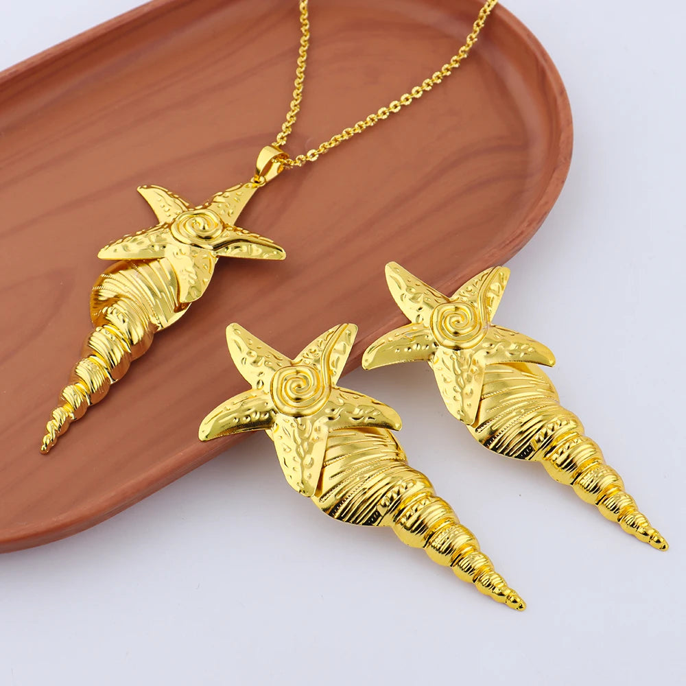 Dubai Gold Plated Luxury Noble Necklace Charm Earrings for Women Big Shell Shape Jewelry Set for Party Wedding Christmas Gift