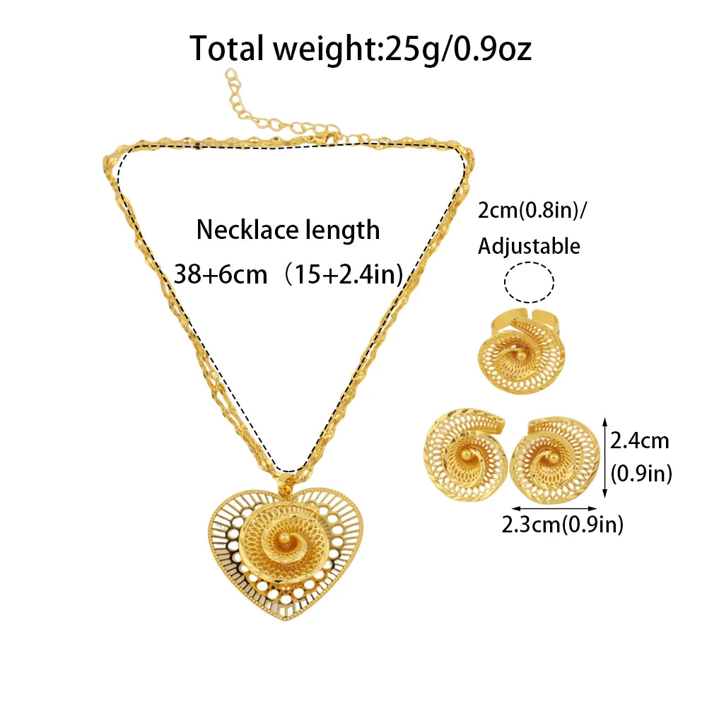 Dubai Luxe Gold-Tone African Bridal Jewelry Set with Necklace Drop Earrings And Ring Chic Middle East Party Accessory for Her