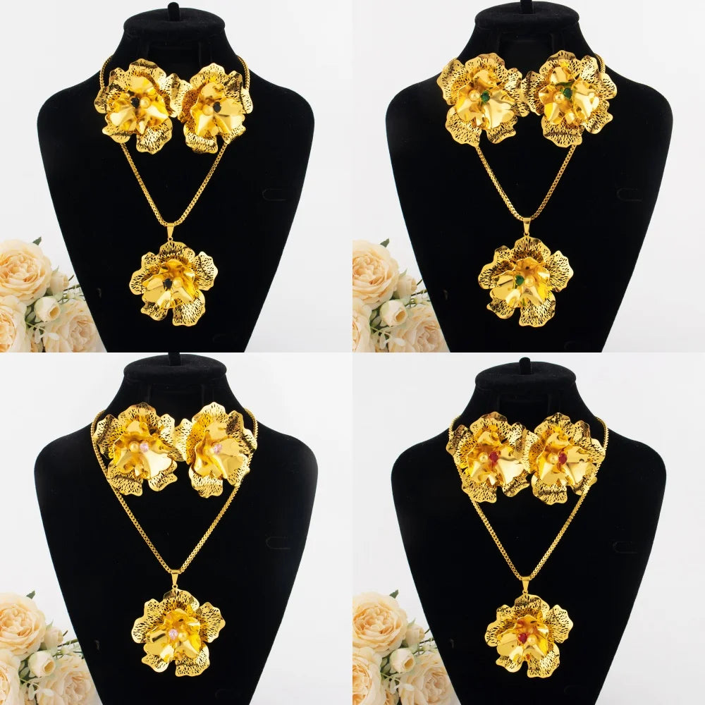 Arab Zircon Collection Women Jewelry Nigeria Luxury Flower Shape Earrings Gold Color Necklace For Party Wedding Wholesale