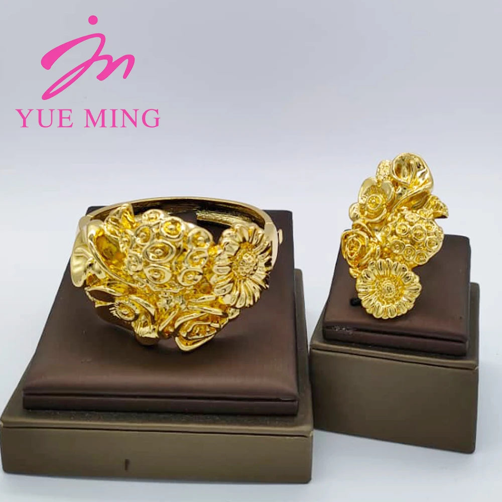 18K Gold Color Cuff Flower Bangle Ring For Women Moroccan France Dubai Luxury Copper Bracelet Jewelry Nigerian Party Wedding Gif