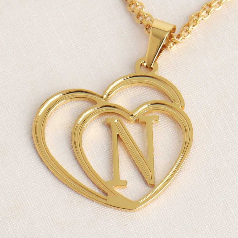 Women Gold Color Initial Alphabet Heart Pendant Charm Jewelry Stainless Steel Necklace Simple Clothing Accessories Party Gift