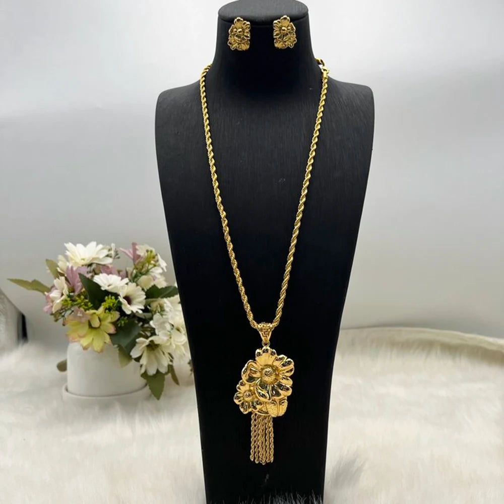 Luxury Big Flower Earring Necklace Gold Plated Dubai Set for Women Fashion Long Chain Jewelry Accessories Apply to Party