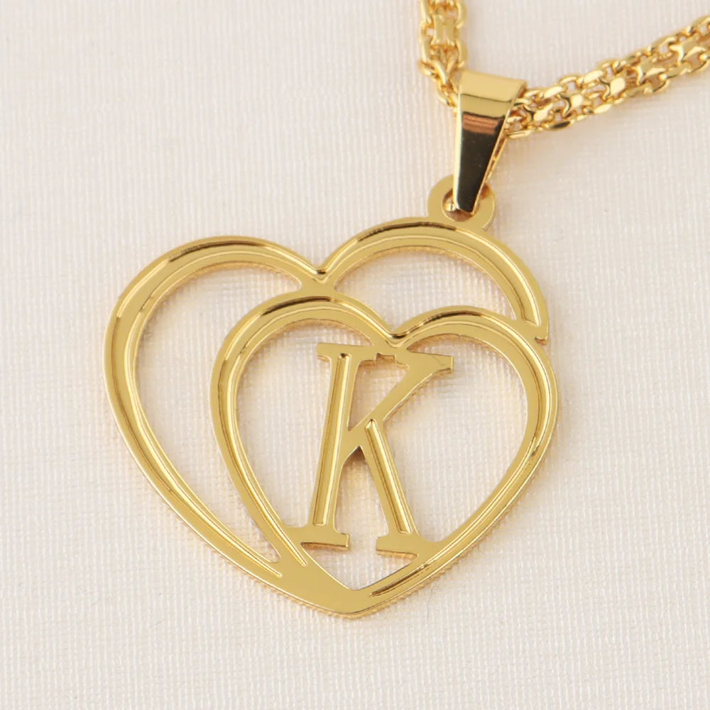 Women Gold Color Initial Alphabet Heart Pendant Charm Jewelry Stainless Steel Necklace Simple Clothing Accessories Party Gift