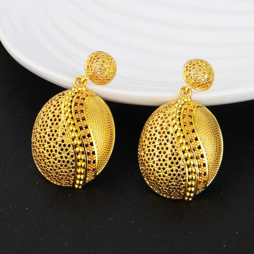 Luxury Shining Gold Color Necklace Earrings Ring Set for Women Round Water Drop Shape Jewelry Gift Party Wedding Banquet