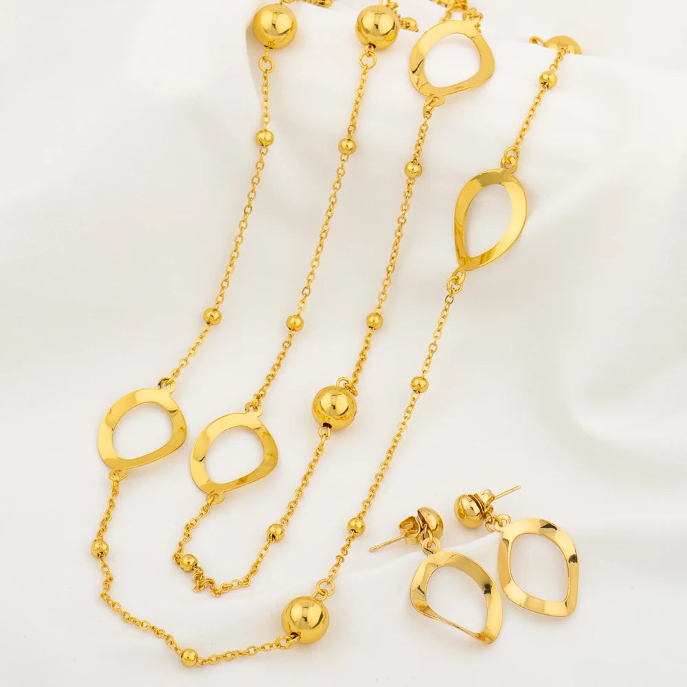 Gold Plated Long Chain for Women Fashion Necklace Copper Round Bead Geometry Pendant Party Wedding Waist Chain Jewelry Accessory