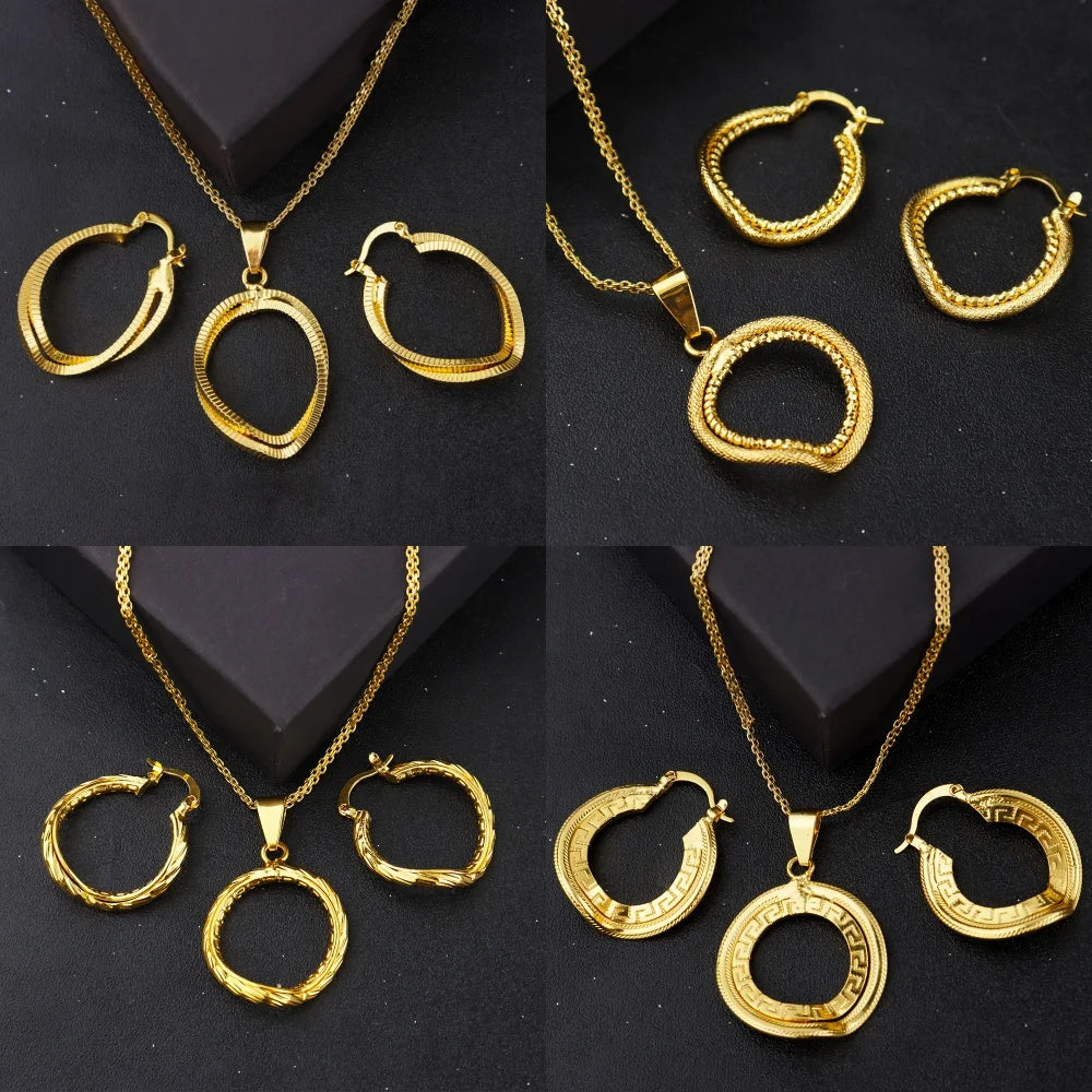 24K Gold-plated Two Piece Copper Jewelry Set Waterproof Earrings Warped Geometry Necklace Apply to America India Party Wedding