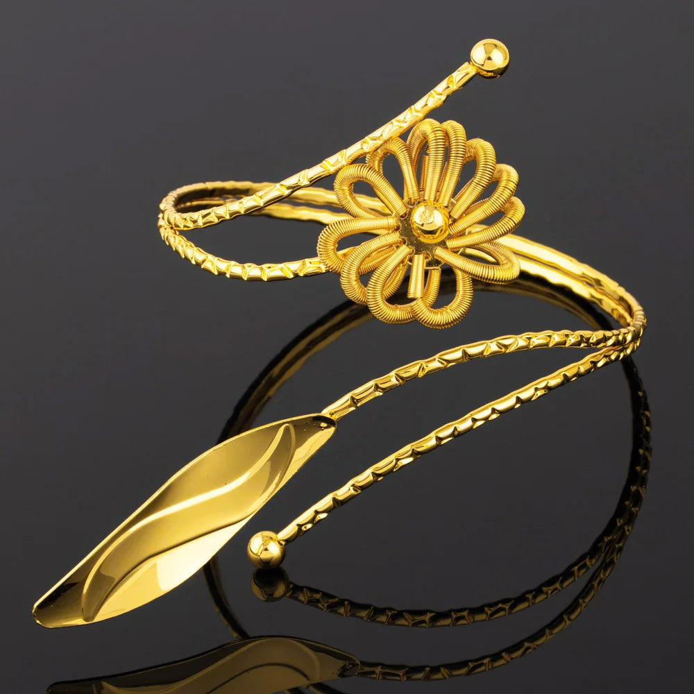 Ghana Trendy Flower Leaves Shape Armlet for Women Dubai Upper Arm Hollow Out Bangle Party Wedding Easter Adjustable Jewelry Gift