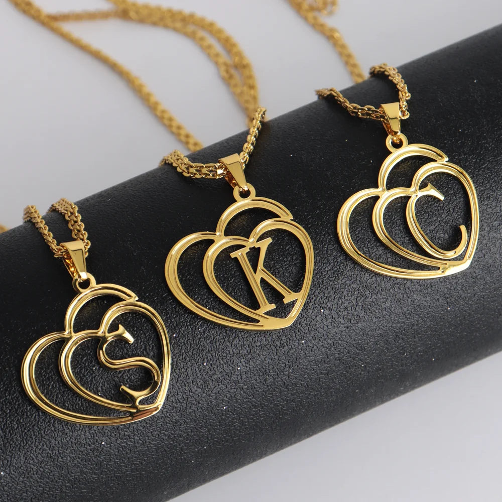 Women Gold Color Initial Alphabet Heart Pendant Charm Jewelry Stainless Steel Necklace Simple Clothing Accessories Party Gift
