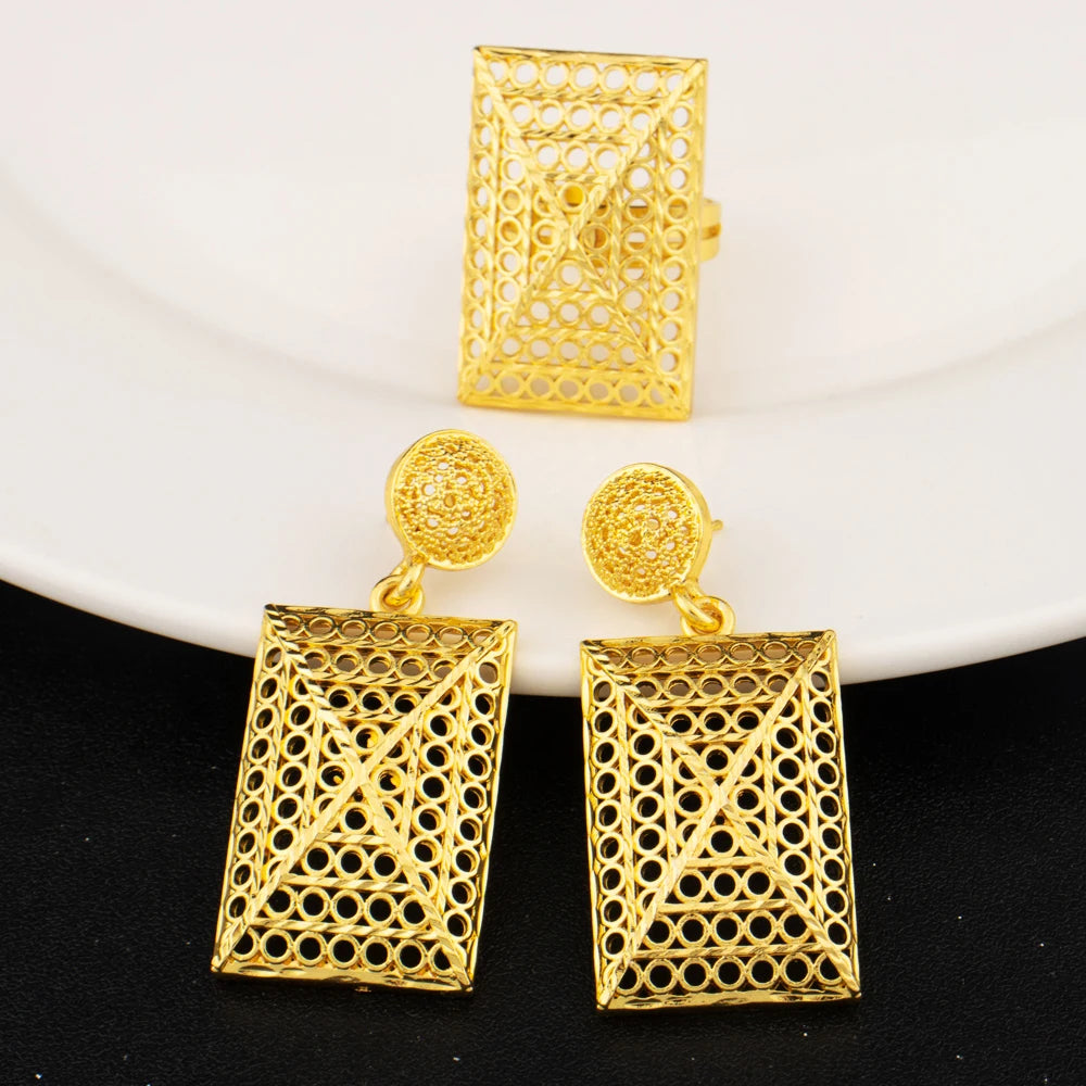 Boho Gold Plated Flower Jewelry Set Necklace Earrings Women Dubai Bridal Party Accessories