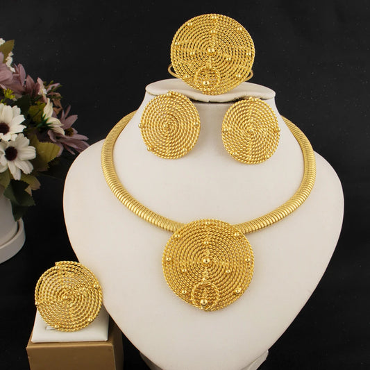 Exaggerated Gold Color Round Earrings Necklace America Larger Bangle Ring for Women Jewelry Set For Party Dressing Big promotion