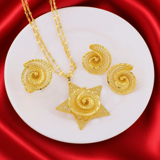 Fashion Gold Color Jewelry Set Ethiopian Polish Jewelry Necklace Earrings Ring For Women's Habesha Wedding Party Gift
