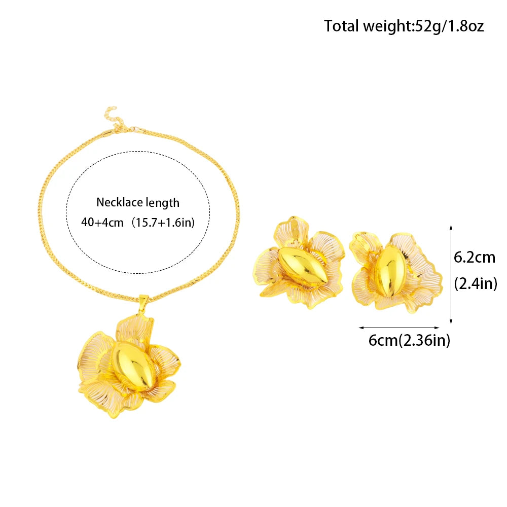Flower Pendant Necklace 2PC Women's Fashion Trendy Stainless Steel Flower Earrings Necklace Set Gold-Plated Jewellry Gifts