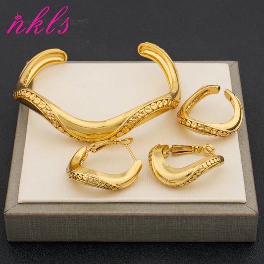 Luxury Gold-Plated Set for Bride | Spiral Clip Earrings Necklace Bracelet Ring Engagement Party Gift Women