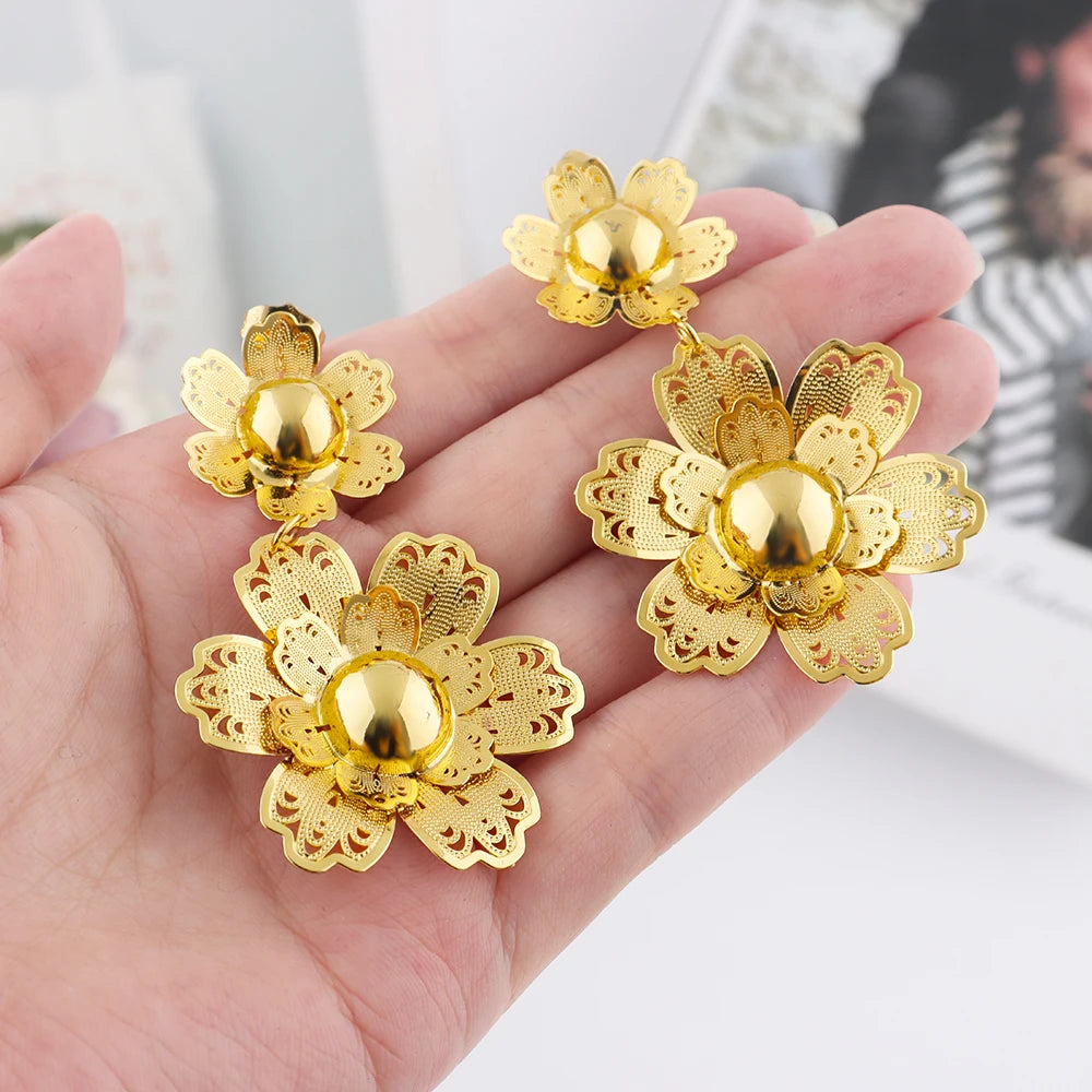 Indian Dubai Luxury 24k Gold Plated Earrings Necklace Ring Bangle Jewelry Set For Women America Bridal Set Wedding Party Gifts