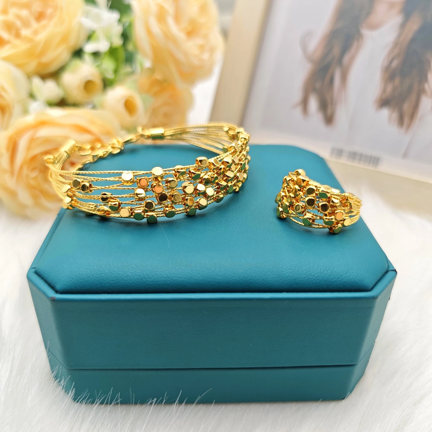 Ethiopia Dubai Little Pearl Women Jewelry Set Gold Color Arab Blange Hollow out Rings Apply For Party Wedding Daily Wear Summer
