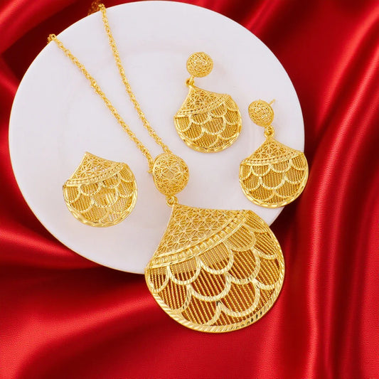 Dubai 24k Gold Plated Jewelry Sets for Women Earrings Necklace Rings Indian Bridal Costume Sets Nigerian Wedding Party Gifts