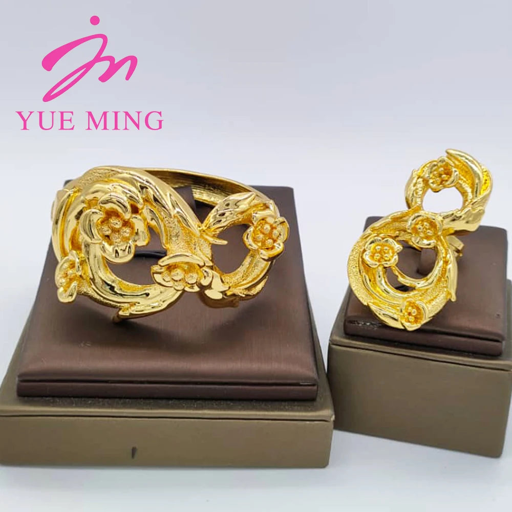 18K Gold Color Cuff Flower Bangle Ring For Women Moroccan France Dubai Luxury Copper Bracelet Jewelry Nigerian Party Wedding Gif
