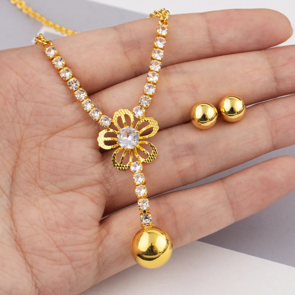 France Delicate Zircon Necklace Earrings For Women Girls Old Money Wind Gold Color Clavicle Chain Jewelry Set For Summer Wear