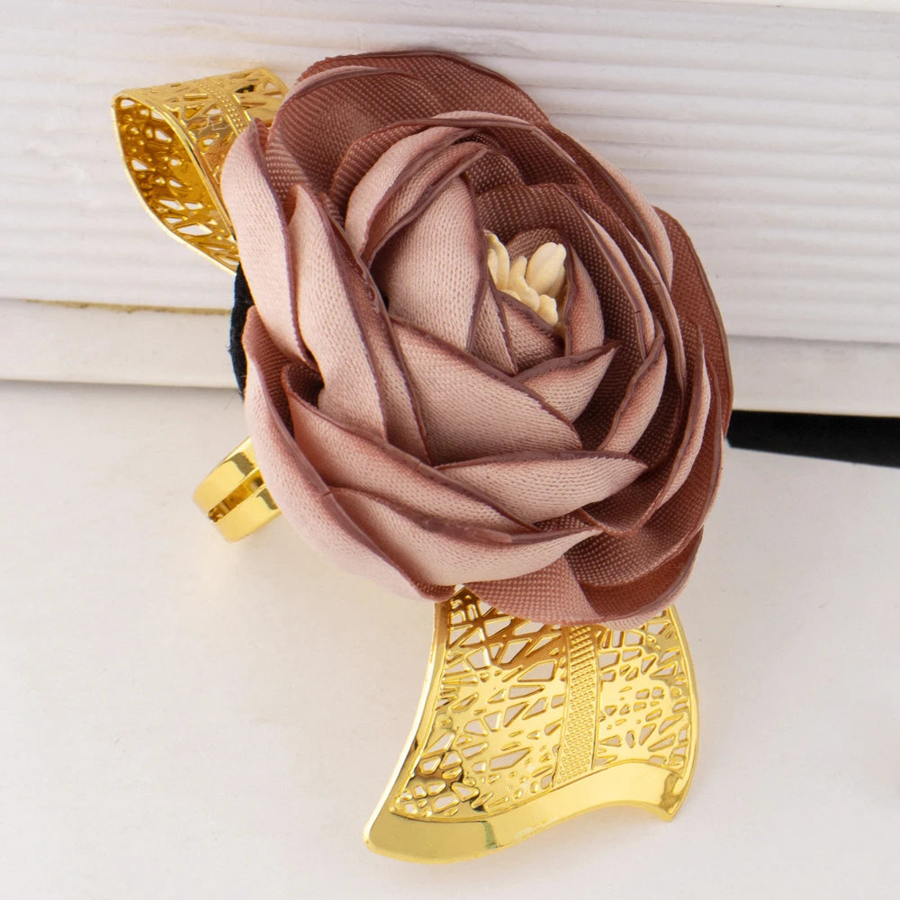 2025 New High Quality Big Pink Flower Earrings Women Jewelry Set Dubai Gold Plated Luxury Ring For Party Wedding Daily Dating