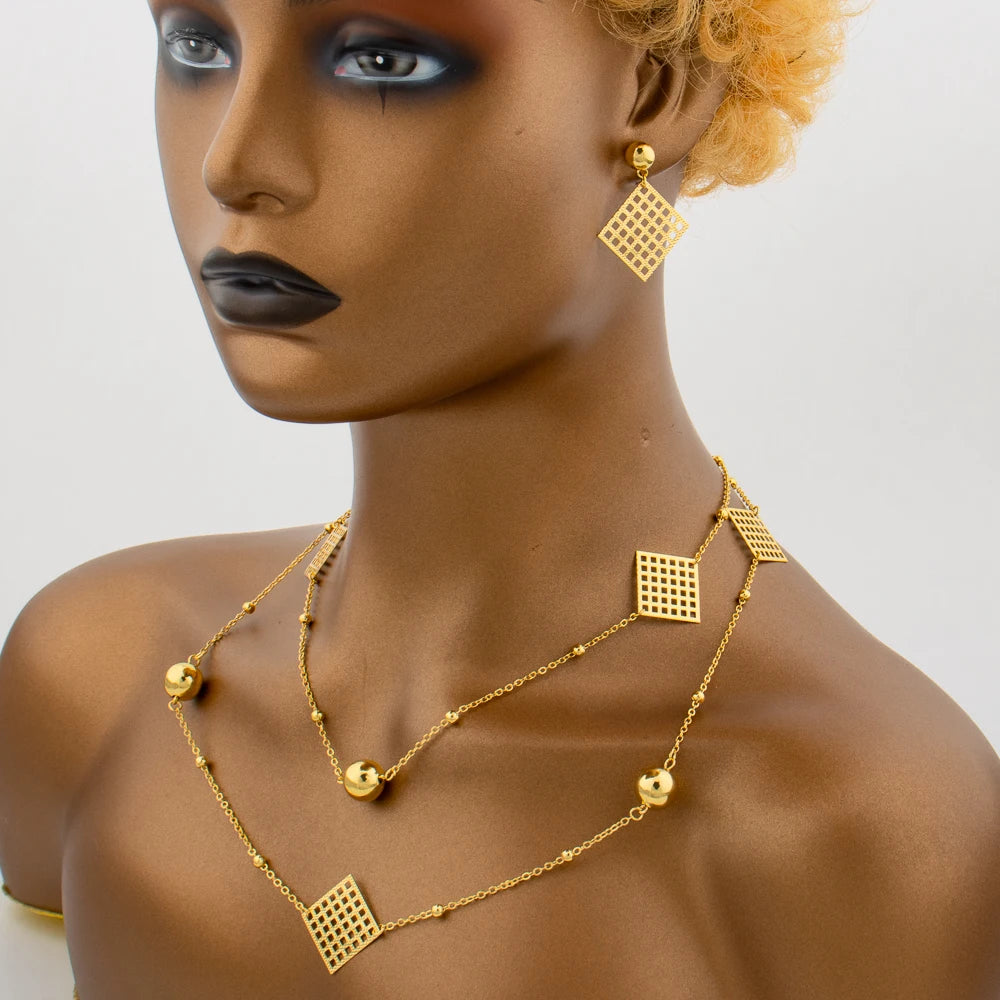 Gold Plated Long Chain for Women Fashion Necklace Copper Round Bead Geometry Pendant Party Wedding Waist Chain Jewelry Accessory