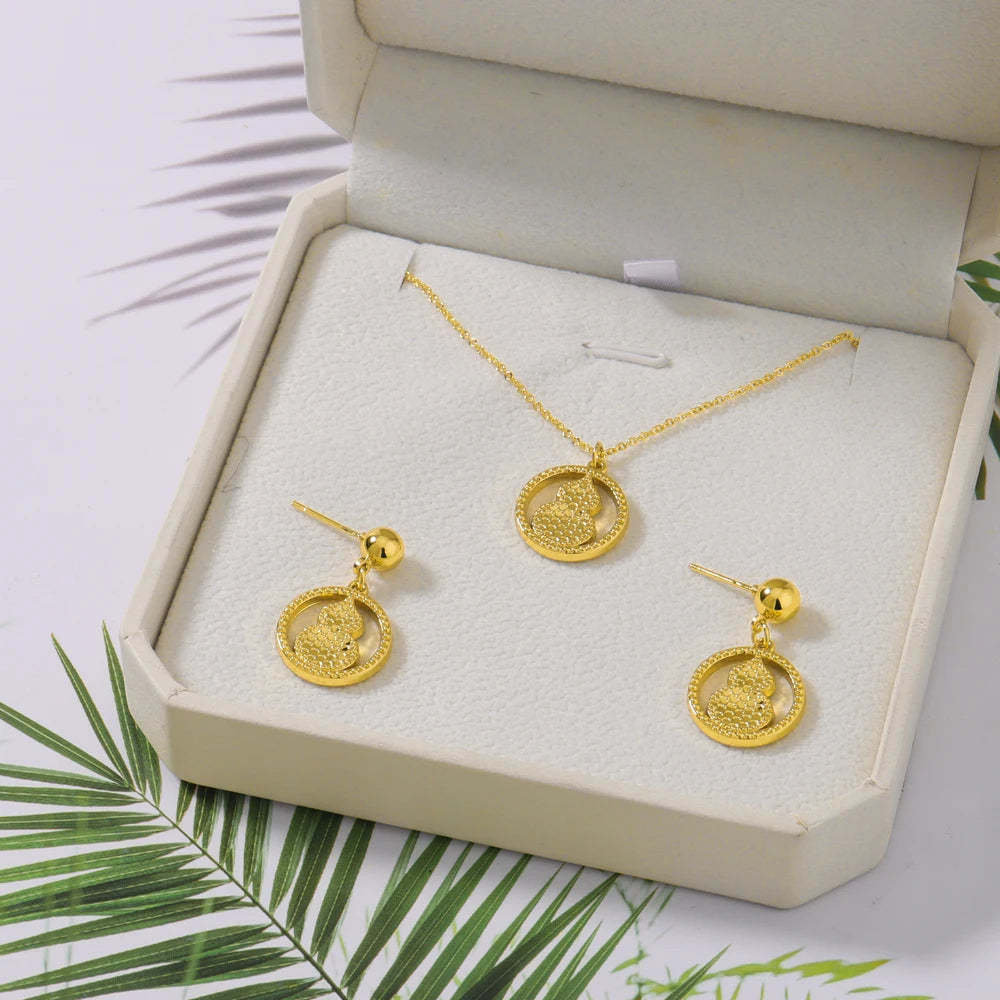 Gold Plated Women Earrings Clavicle Chain Set Gold Color Hollow Calabash Shape Pendant Light Delicacy Jewelry Party Birthday Gif