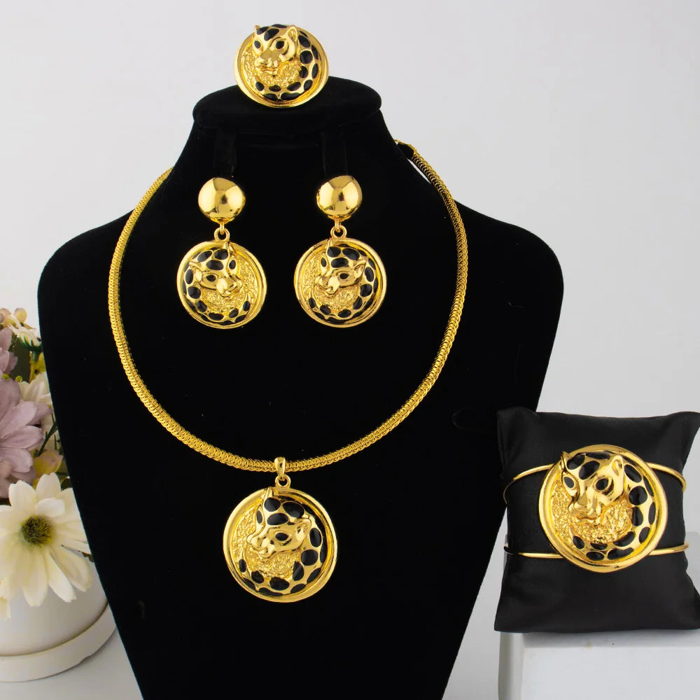 Dubai Luxury Gold Plated Leopard Shape Necklace Earrings Bracelet Ring Set for Women Men Gold Color Mighty Design Jewelry Gift