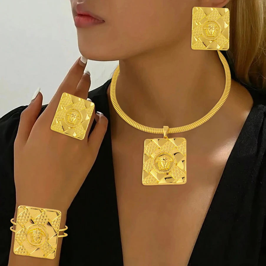 Nigerian Luxury Women Jewelery Set Dubai Gold Color Square Earrings Portrait Necklace  Bracelet Ring for Daily Wear Party Gift