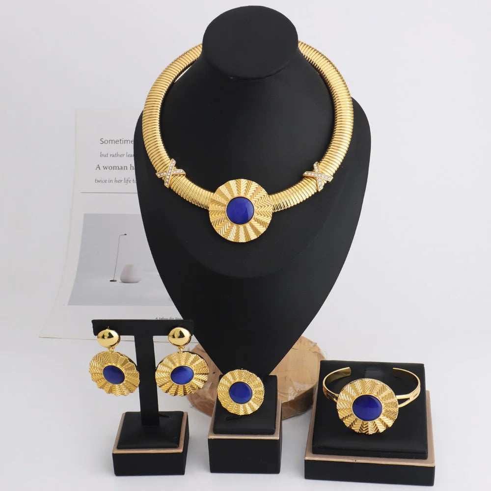 Luxury Sunshine Flower Shape Necklace Ring Earrings Bracelet For Women Dubai Nigeria Jewelry Gifts For Party Wedding Banquet