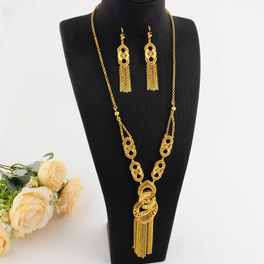 Dubai Luxury Gold Color Tassels Necklace Earrings Sets For Women Mid East India 8-Shaped  Jewelry Gifts For Party Mother