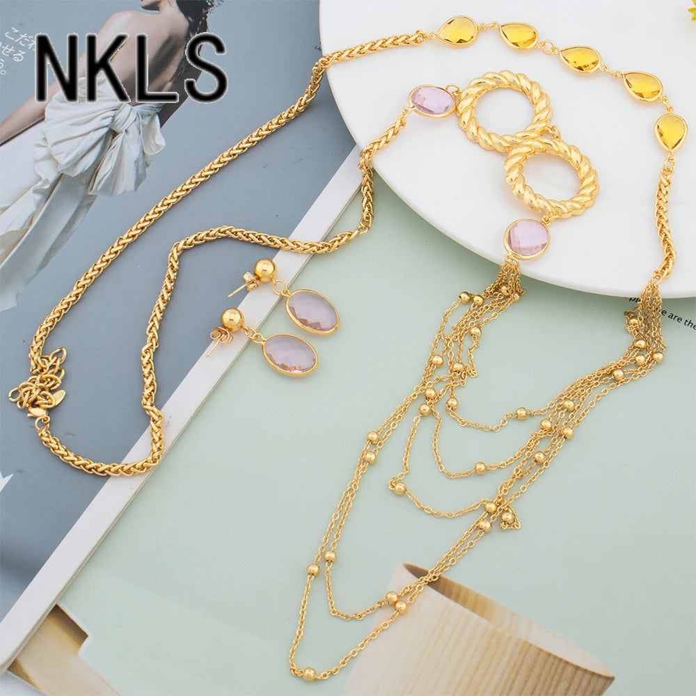 Tone Crystal Zircon Long Chain Necklace & Drop Earrings Set, Dubai Elegance Jewellery Woman Gift, Luxury Jewelry Sets